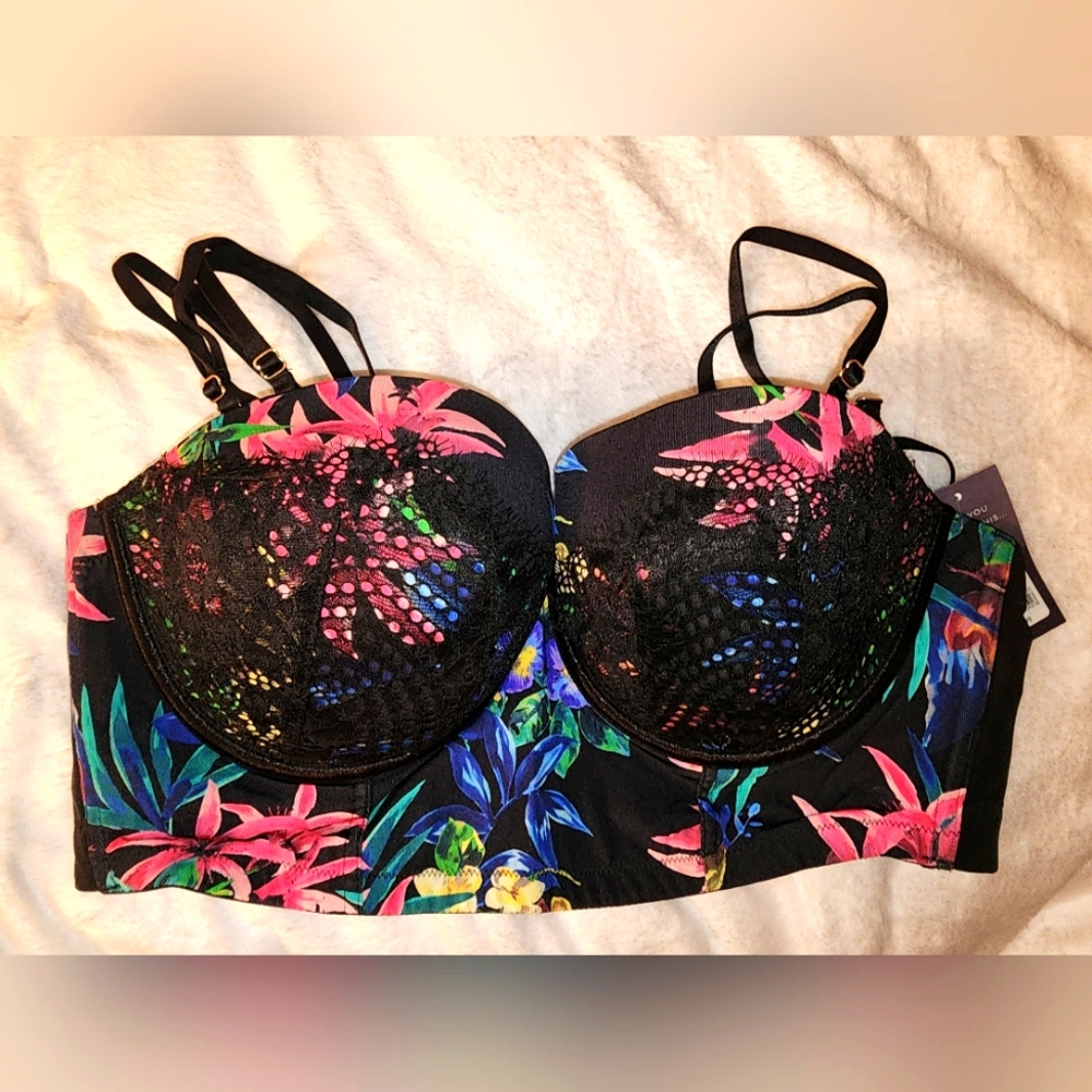 🌻 NWT!! Cacique lightly lined multi-way Strapless bra, 40C, Tropical Print